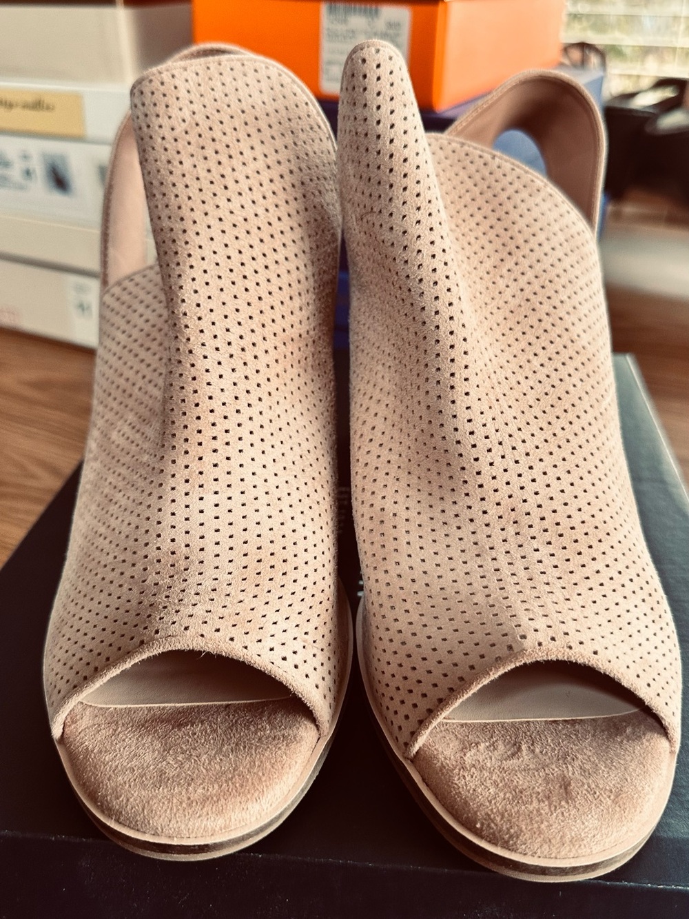 Cole Haan Taupe Perforated Peep-Toe Wide Strap Slingback 3.5” Heels, 11B, NIB